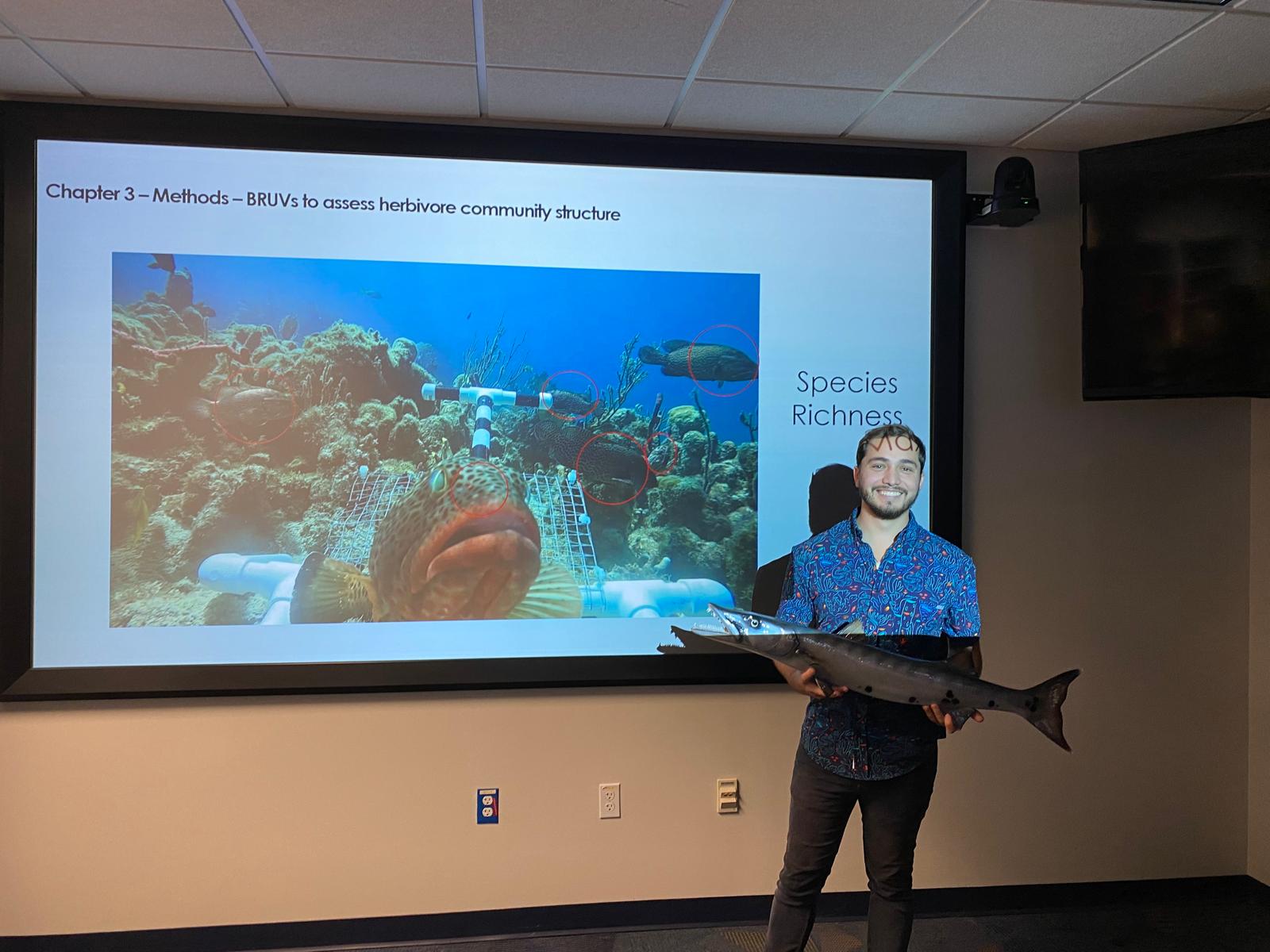 Nico Rivas with prop Barracuda during proposal defense